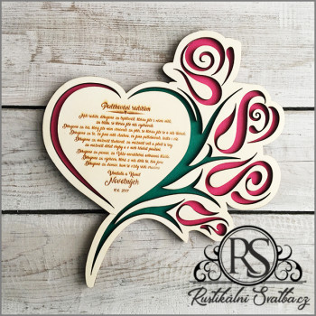 Dřevěné svatební srdce s vyřezávanými růžemi - poděkování rodičům